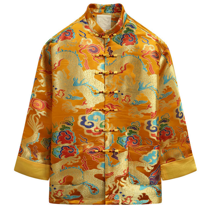 Buddha Stones Chinese New Year Dragon Embroidery Auspicious Clouds Frog-button Tang Suit Men's Jacket Shirt - Goldenrod - US/UK/AU44，EU54 (4XL) - image 17