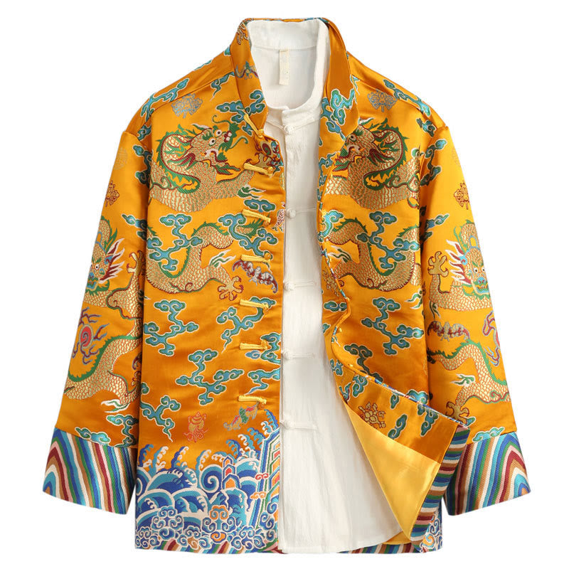 Buddha Stones Chinese New Year Dragon Embroidery Auspicious Clouds Frog-button Tang Suit Men's Jacket Shirt - Gold - US/UK/AU44，EU54 (4XL) - image 2