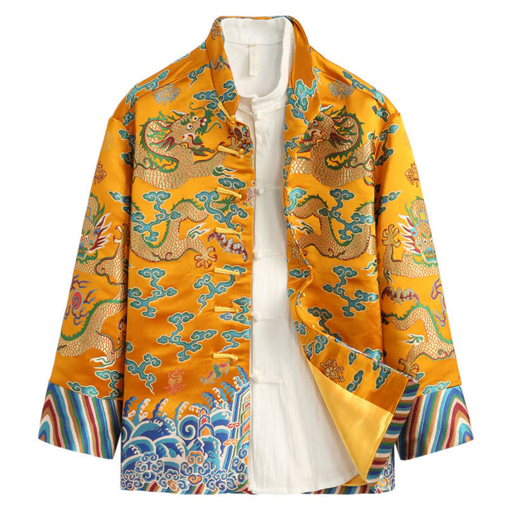 Buddha Stones Chinese New Year Dragon Embroidery Auspicious Clouds Frog-button Tang Suit Men's Jacket Shirt