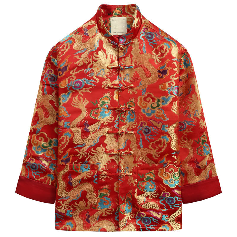 Buddha Stones Chinese New Year Dragon Embroidery Auspicious Clouds Frog-button Tang Suit Men's Jacket Shirt - Crimson - US/UK/AU44，EU54 (4XL) - image 16