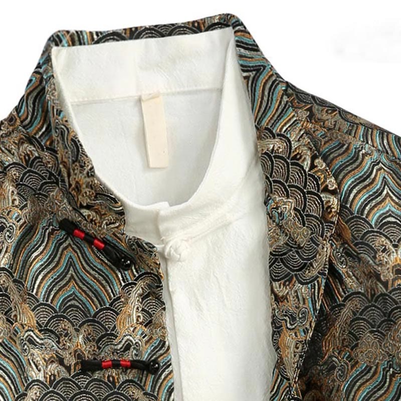 Buddha Stones Chinese New Year Jacquard Damask Seawater Pattern Frog-button Tang Suit Men's Jacket Shirt With Pockets