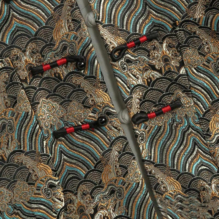 Buddha Stones Chinese New Year Jacquard Damask Seawater Pattern Frog-button Tang Suit Men's Jacket Shirt With Pockets - image 10