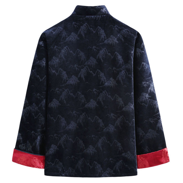 Buddha Stones Chinese New Year Landscape Print Handmade Frog-button Tang Suit Men's Jacket Shirt With Pockets - image 5