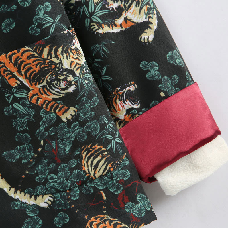 Buddha Stones Chinese New Year Forest Tiger Red Cuff Frog-button Tang Suit Men's Jacket Shirt With Pockets