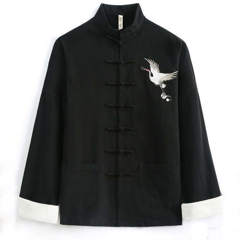 Buddha Stones Chinese New Year Crane Embroidery Tang Suit Hanfu Long Sleeve Top Pants Clothing  Cotton Linen Men's Set With Pockets - image 1