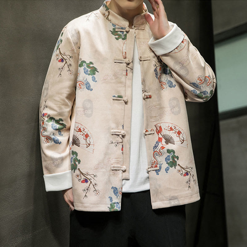 Buddha Stones Chinese New Year Clothes Flowers Dragon Fan Auspicious Clouds Frog-button Tang Suit Cotton Men's Jacket Shirt  - image 8