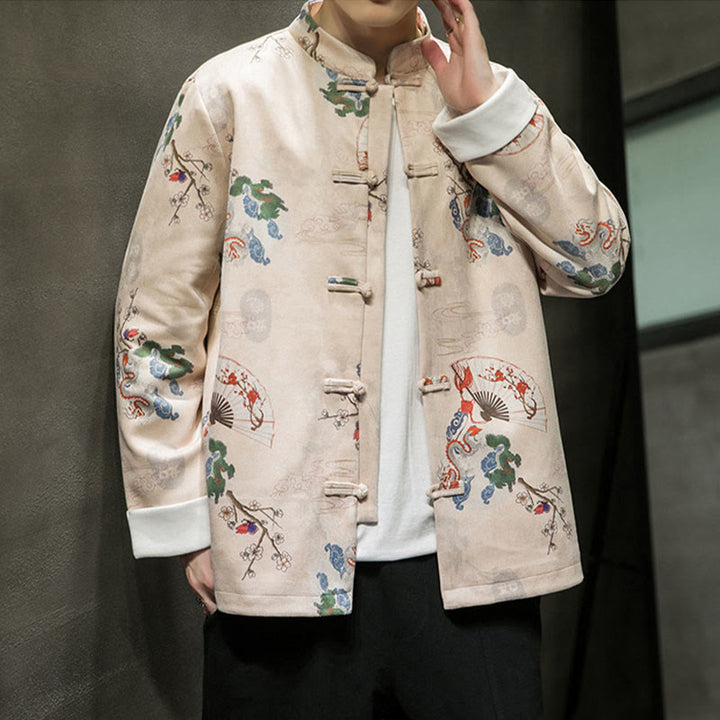 Buddha Stones Chinese New Year Clothes Flowers Dragon Fan Auspicious Clouds Frog-button Tang Suit Cotton Men's Jacket Shirt  - image 8