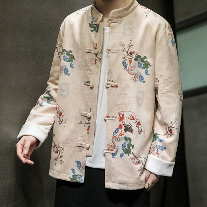 Buddha Stones Chinese New Year Clothes Flowers Dragon Fan Auspicious Clouds Frog-button Tang Suit Cotton Men's Jacket Shirt