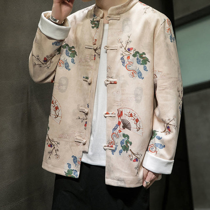 Buddha Stones Chinese New Year Clothes Flowers Dragon Fan Auspicious Clouds Frog-button Tang Suit Cotton Men's Jacket Shirt  - image 11