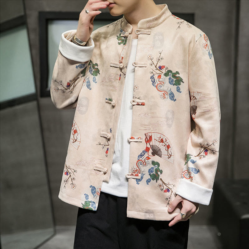 Buddha Stones Chinese New Year Clothes Flowers Dragon Fan Auspicious Clouds Frog-button Tang Suit Cotton Men's Jacket Shirt  - image 9