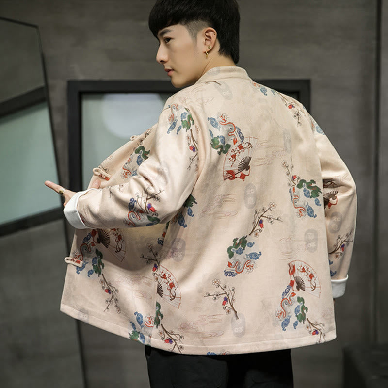 Buddha Stones Chinese New Year Clothes Flowers Dragon Fan Auspicious Clouds Frog-button Tang Suit Cotton Men's Jacket Shirt