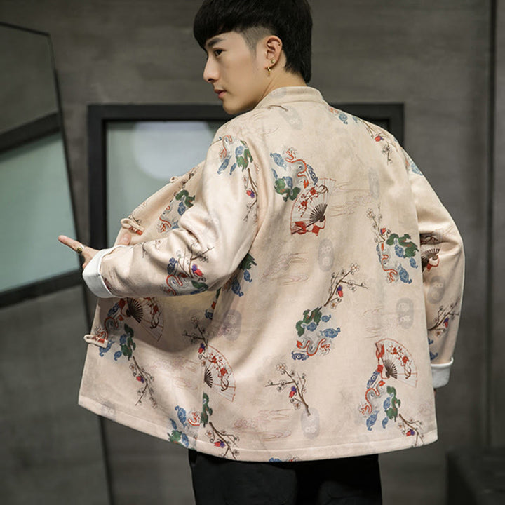 Buddha Stones Chinese New Year Clothes Flowers Dragon Fan Auspicious Clouds Frog-button Tang Suit Cotton Men's Jacket Shirt  - image 14