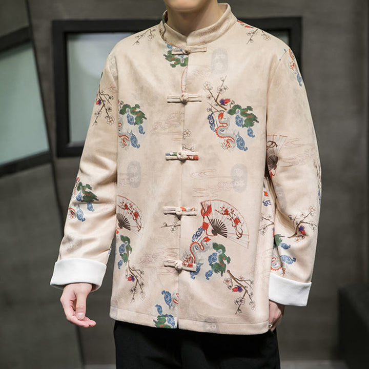 Buddha Stones Chinese New Year Clothes Flowers Dragon Fan Auspicious Clouds Frog-button Tang Suit Cotton Men's Jacket Shirt