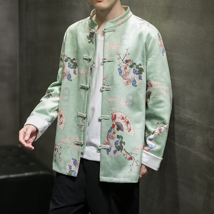 Buddha Stones Chinese New Year Clothes Flowers Dragon Fan Auspicious Clouds Frog-button Tang Suit Cotton Men's Jacket Shirt  - Aquamarine - US/UK/AU46，EU56 (5XL) - image 15