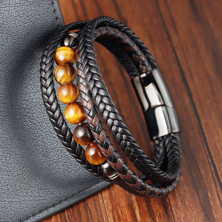 Buddha Stones Tiger Eye Stone Protection Leather Bracelet