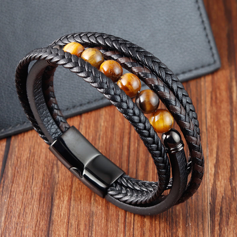 Buddha Stones Tiger Eye Stone Protection Leather Bracelet