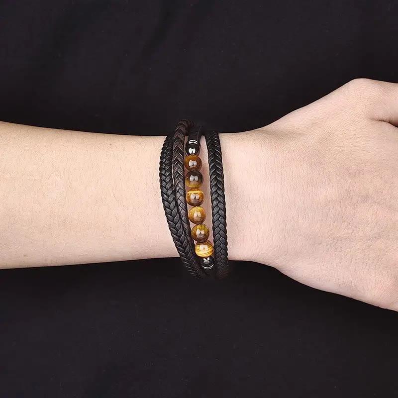 Buddha Stones Tiger Eye Stone Protection Leather Bracelet - image 7
