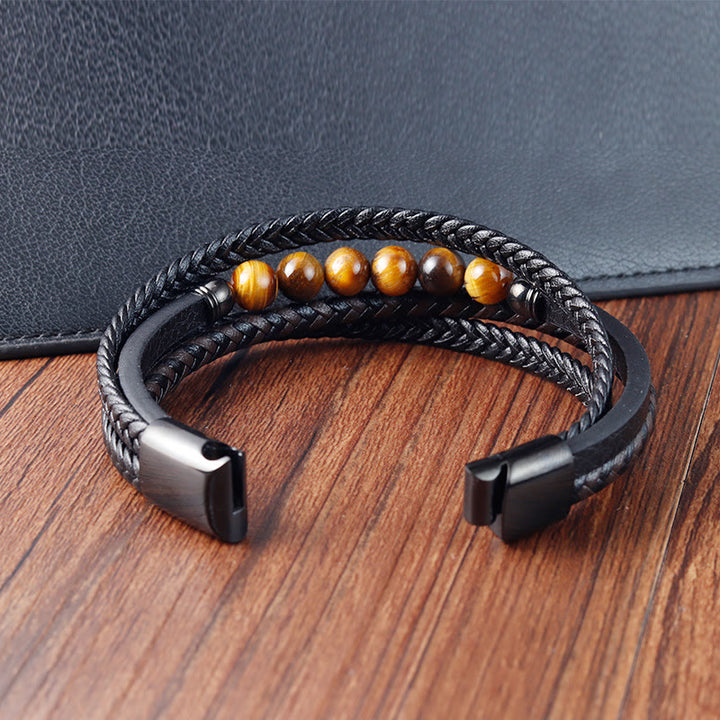 Buddha Stones Tiger Eye Stone Protection Leather Bracelet