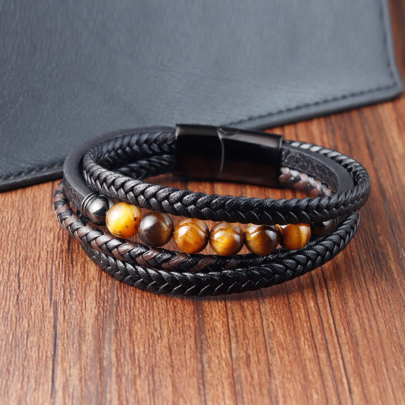 Buddha Stones Tiger Eye Stone Protection Leather Bracelet