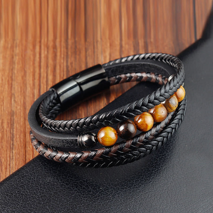 Buddha Stones Tiger Eye Stone Protection Leather Bracelet