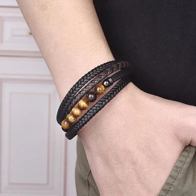 Buddha Stones Tiger Eye Stone Protection Leather Bracelet - image 5