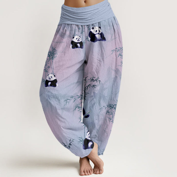 Buddha Stones Panda Bamboo Pattern Women's Elastic Waist Harem Pants