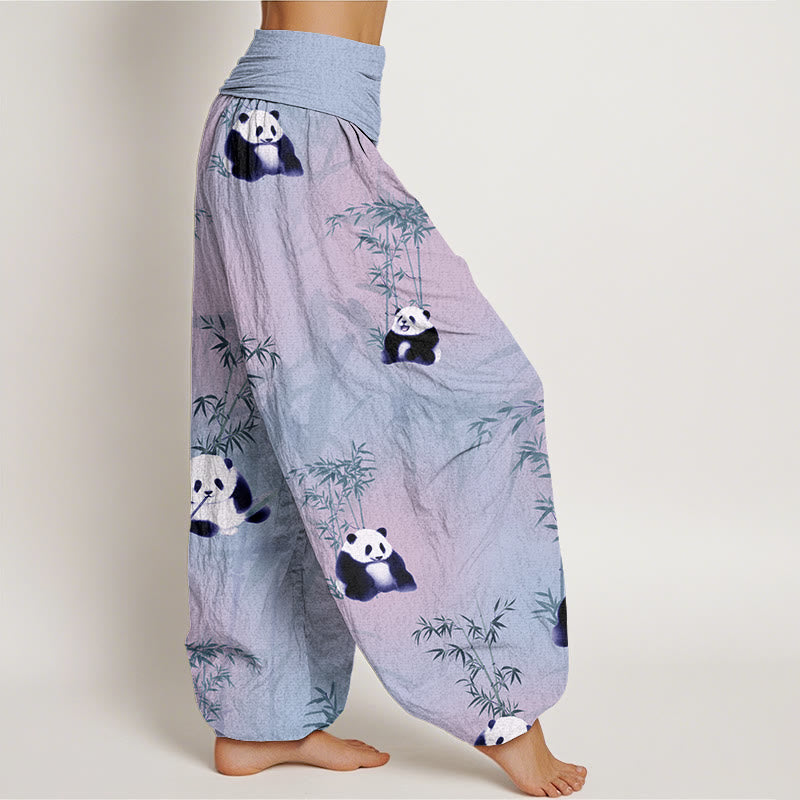 Buddha Stones Panda Bamboo Pattern Women's Elastic Waist Harem Pants