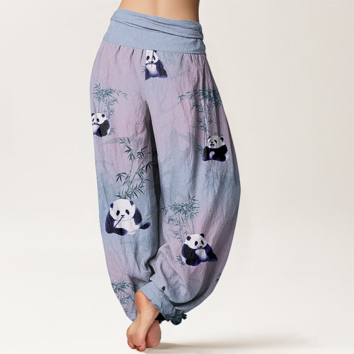 Buddha Stones Panda Bamboo Pattern Women's Elastic Waist Harem Pants