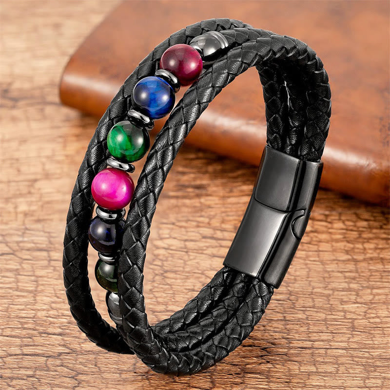 Buddha Stones Tiger Eye Lava Rock Hematite Black Onyx Bead Positive Leather Bracelet - Multi-Color Tiger Eye - 18-22cm - image 5