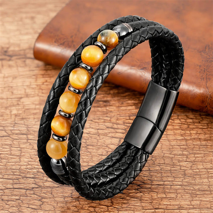 Buddha Stones Tiger Eye Lava Rock Hematite Black Onyx Bead Positive Leather Bracelet - Gold Tiger Eye - 18-22cm - image 6