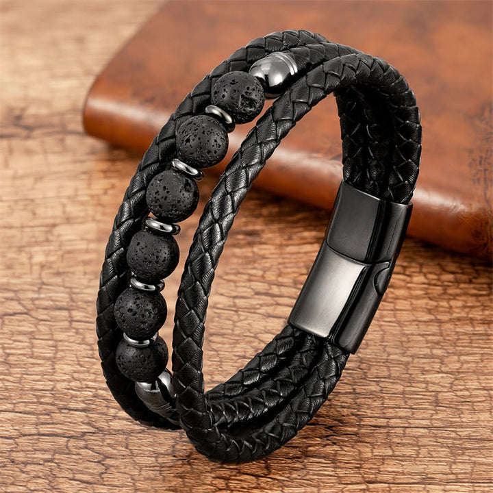 Buddha Stones Tiger Eye Lava Rock Hematite Black Onyx Bead Positive Leather Bracelet - Lava Rock - 18-22cm - image 9