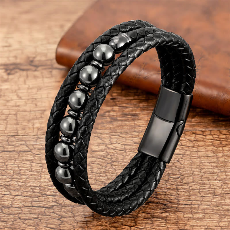 Buddha Stones Tiger Eye Lava Rock Hematite Black Onyx Bead Positive Leather Bracelet - Hematite - 18-22cm - image 11