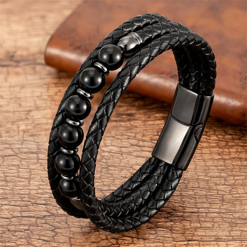 Buddha Stones Tiger Eye Lava Rock Hematite Black Onyx Bead Positive Leather Bracelet - Black Onyx - 18-22cm - image 13