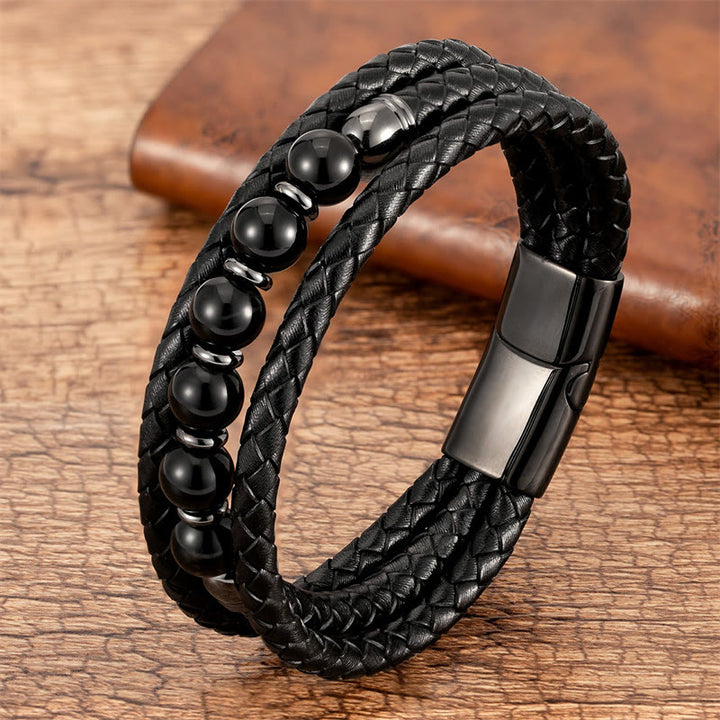 Buddha Stones Tiger Eye Lava Rock Hematite Black Onyx Bead Positive Leather Bracelet - Black Onyx - 18-22cm - image 13