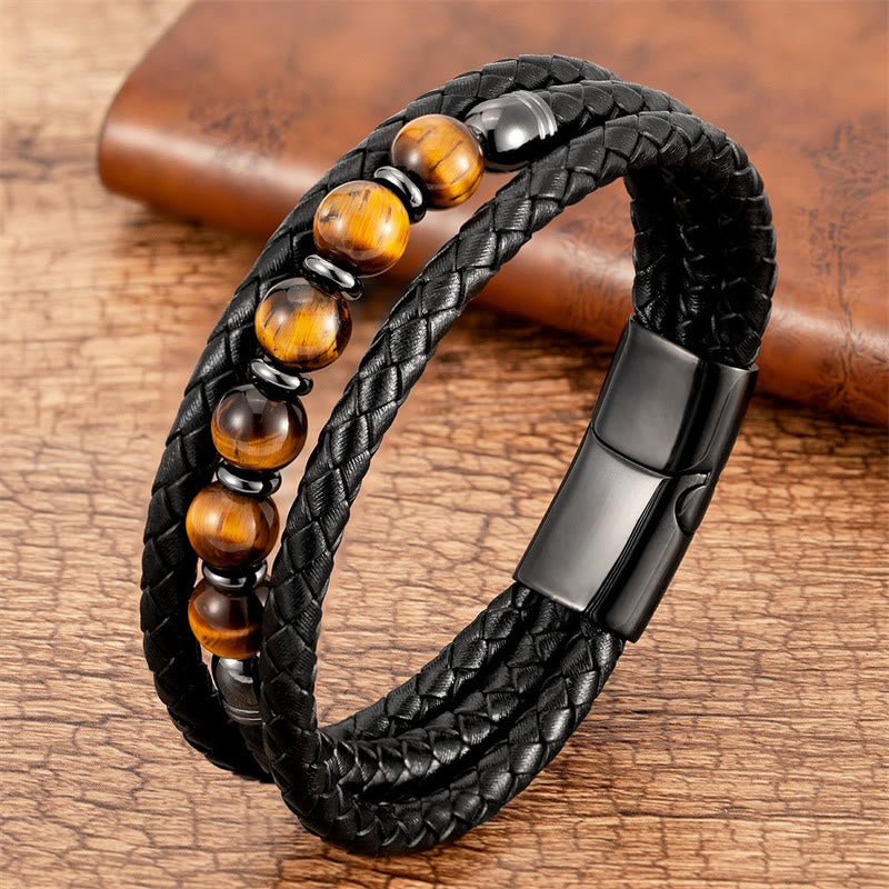 Buddha Stones Tiger Eye Lava Rock Hematite Black Onyx Bead Positive Leather Bracelet