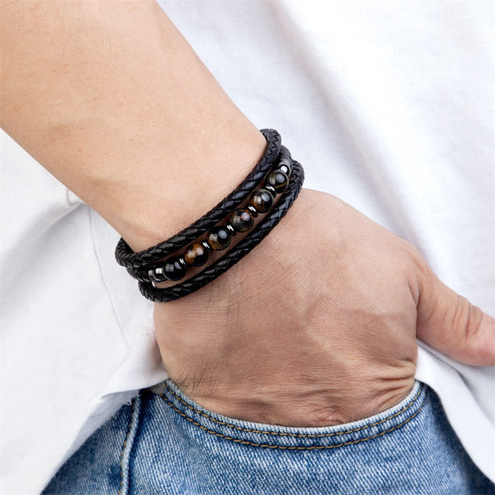Buddha Stones Tiger Eye Lava Rock Hematite Black Onyx Bead Positive Leather Bracelet - image 17
