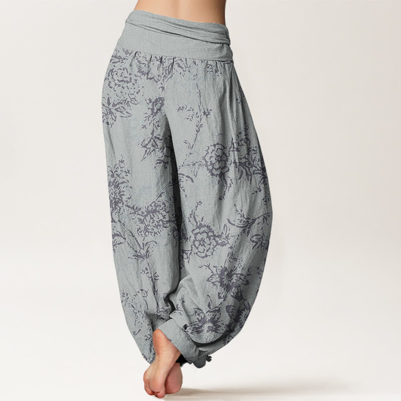 Buddha Stones Flowers Pattern Women's Elastic Waist Harem Pants