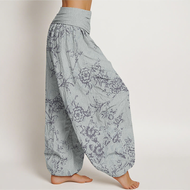 Buddha Stones Flowers Pattern Women's Elastic Waist Harem Pants