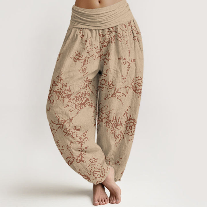 Buddha Stones Flowers Pattern Women's Elastic Waist Harem Pants