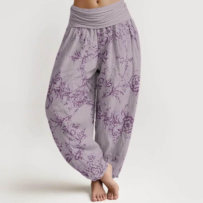 Buddha Stones Flowers Pattern Women's Elastic Waist Harem Pants