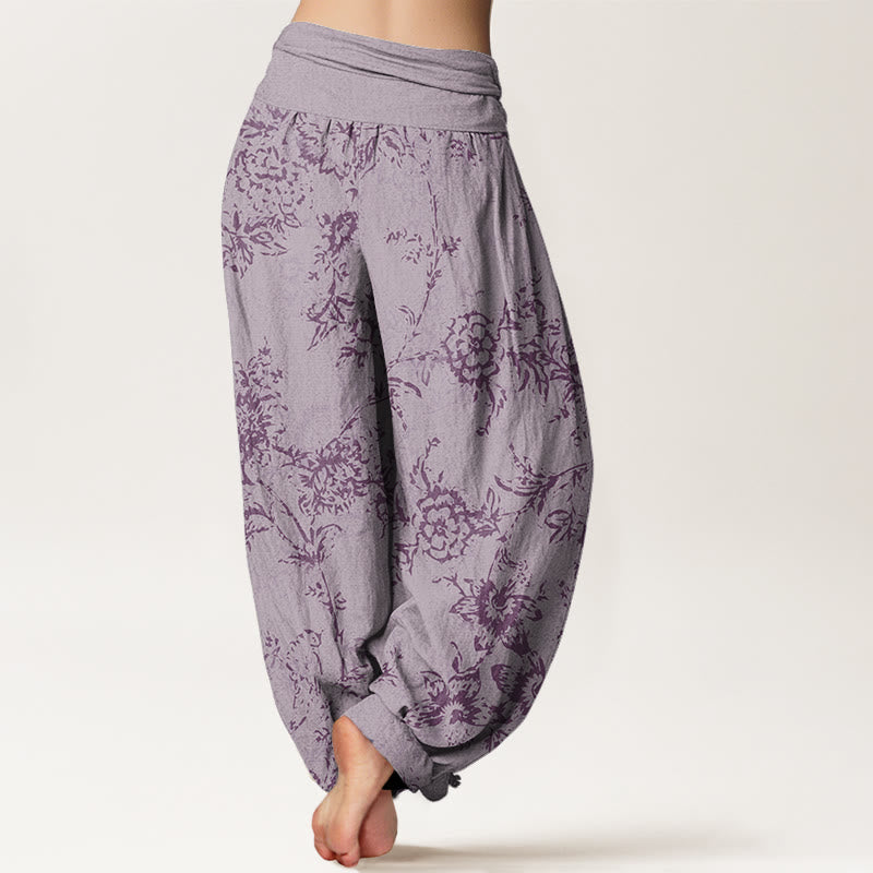 Buddha Stones Flowers Pattern Women's Elastic Waist Harem Pants