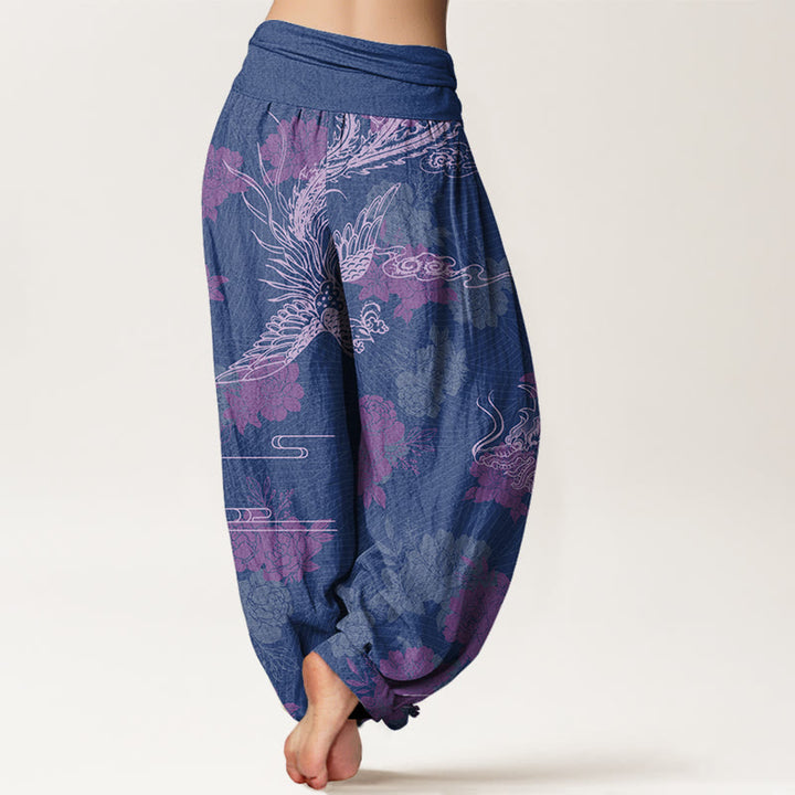 Buddha Stones Dragons Roses Auspicious Clouds Phoenix Women's Elastic Waist Harem Pants