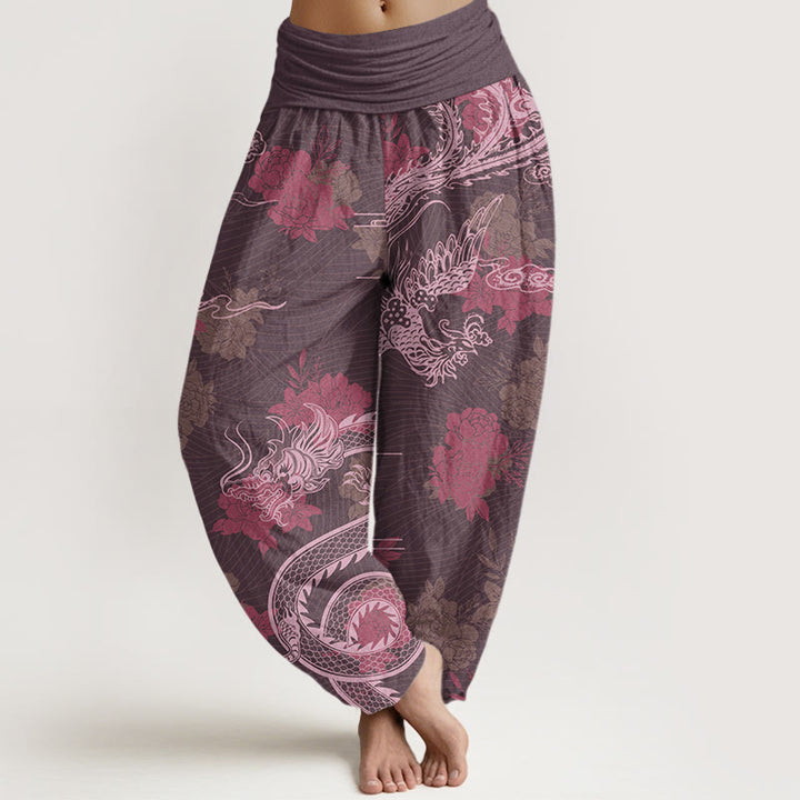 Buddha Stones Dragons Roses Auspicious Clouds Phoenix Women's Elastic Waist Harem Pants