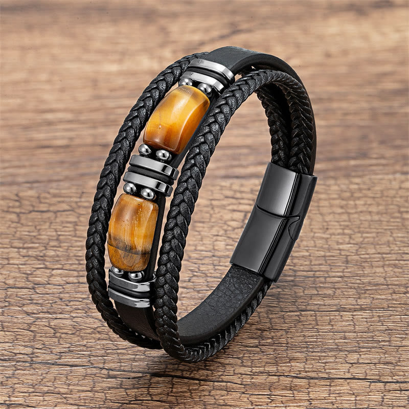 Buddha Stones Tiger Eye Stone Courage Willpower Multi-layer Leather Bracelet - Yellow Tiger Eye - 18-22cm - image 1
