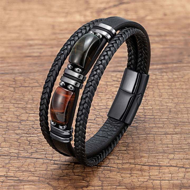 Buddha Stones Tiger Eye Stone Courage Willpower Multi-layer Leather Bracelet - Brown-Red-Black Tiger Eye - 18-22cm - image 6