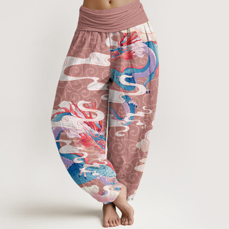 Buddha Stones Vibrant Dragon White Auspicious Clouds Women's Elastic Waist Harem Pants