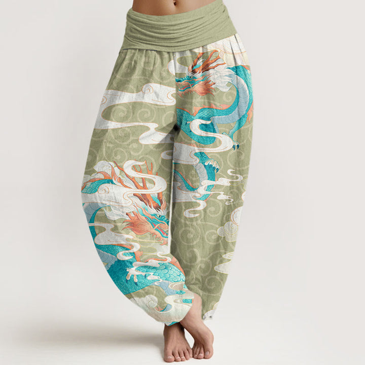 Buddha Stones Vibrant Dragon White Auspicious Clouds Women's Elastic Waist Harem Pants