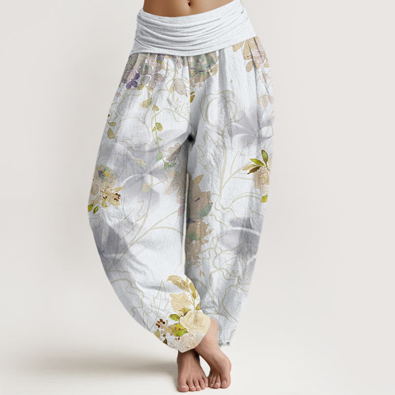 Buddha Stones Various Flowers Leaves Pattern Women's Elastic Waist Harem Pants