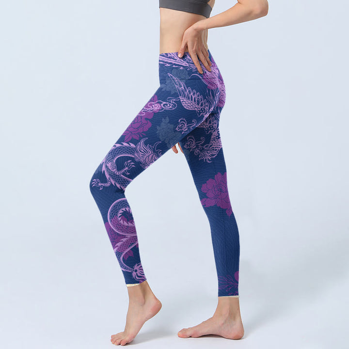 Buddha Stones Purple Dragon Phoenix Flowers Print Gym Leggings Women's Yoga Pants - image 2