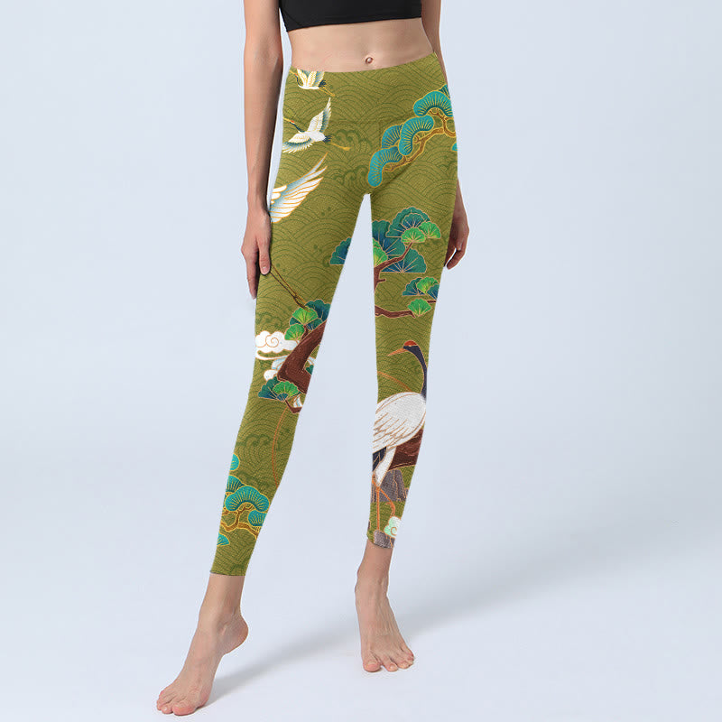 Buddha Stones Flying Cranes Auspicious Clouds Trees Print Gym Leggings Women's Yoga Pants - image 5